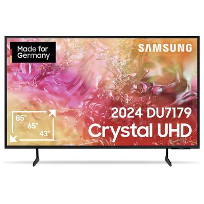 'Samsung Crystal UHD-Fernseher 2024 DU7179, erhältlich in 85", 65" und 43". Bild zeigt farbenfrohe Abstraktion im Hintergrund.'