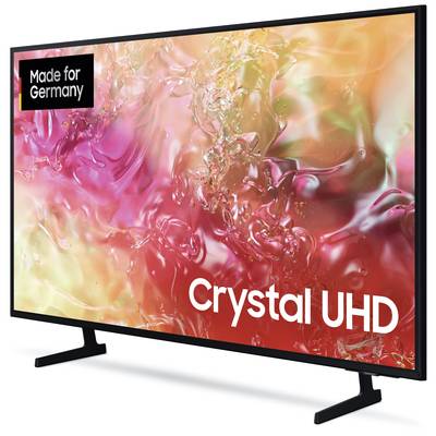 Ein Fernseherbildschirm zeigt bunte, abstrakte Muster mit der Aufschrift 'Made for Germany' und 'Crystal UHD'.