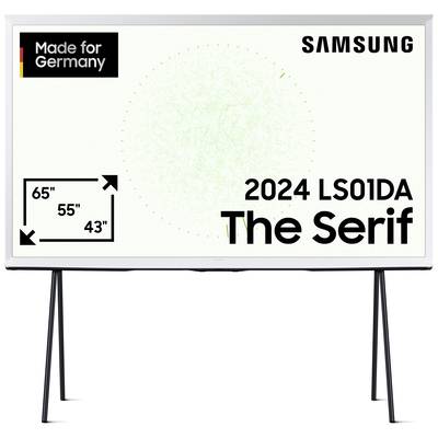 Samsung 'The Serif' TV 2024 mit 43'' bis 65'' Display, Aufschrift 'Made for Germany'. Modell LS01DA steht auf einem minimalistischen Ständer.