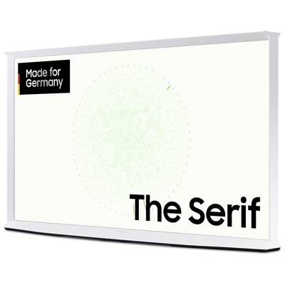 Flacher Bildschirm-TV mit der Aufschrift 'The Serif' und 'Made for Germany', minimalistisches Design.