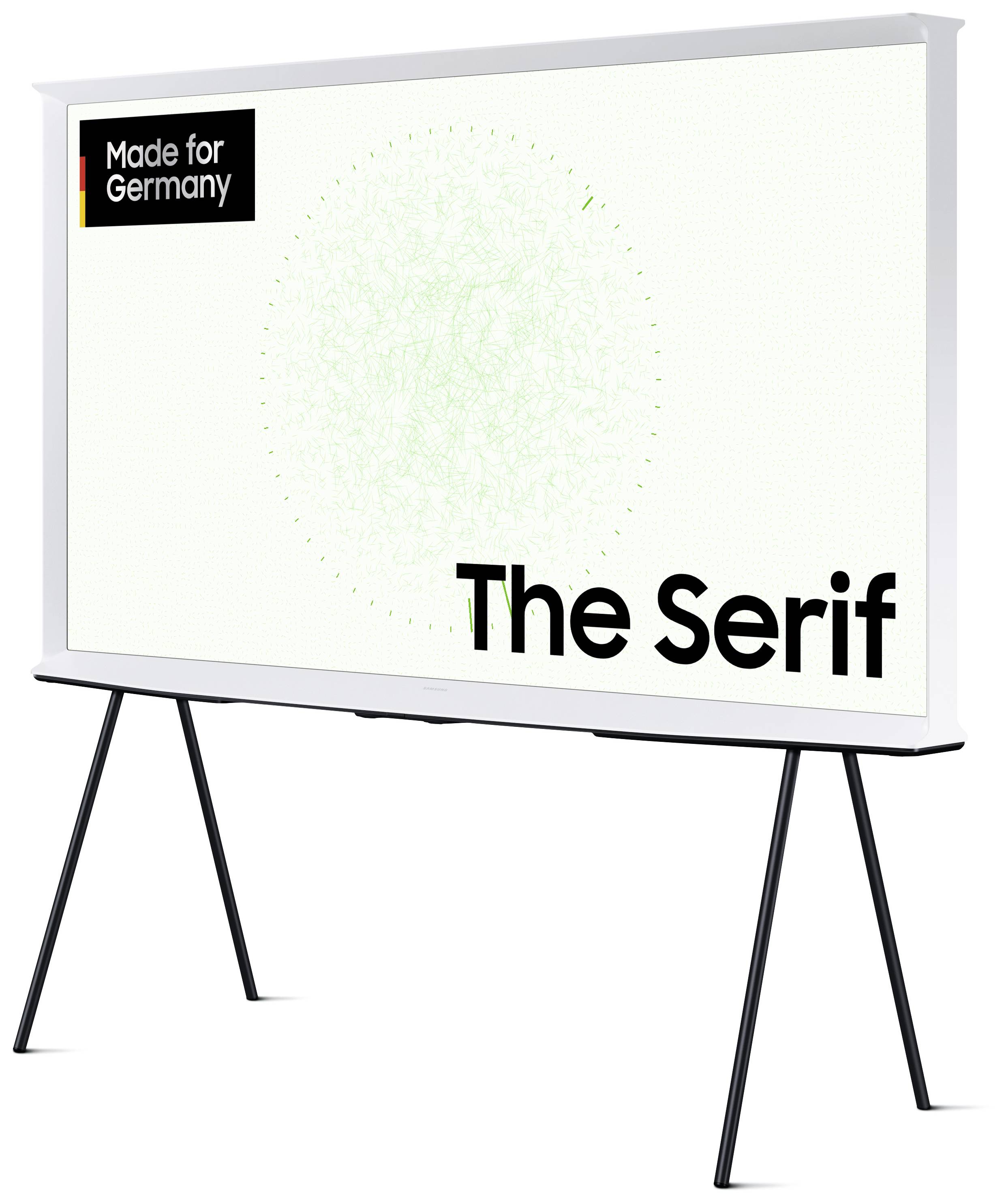 'The Serif' TV auf einem Ständer. Oben links das Logo 'Made for Germany'. Hintergrund ist weiß mit einem subtilen grünen Muster.