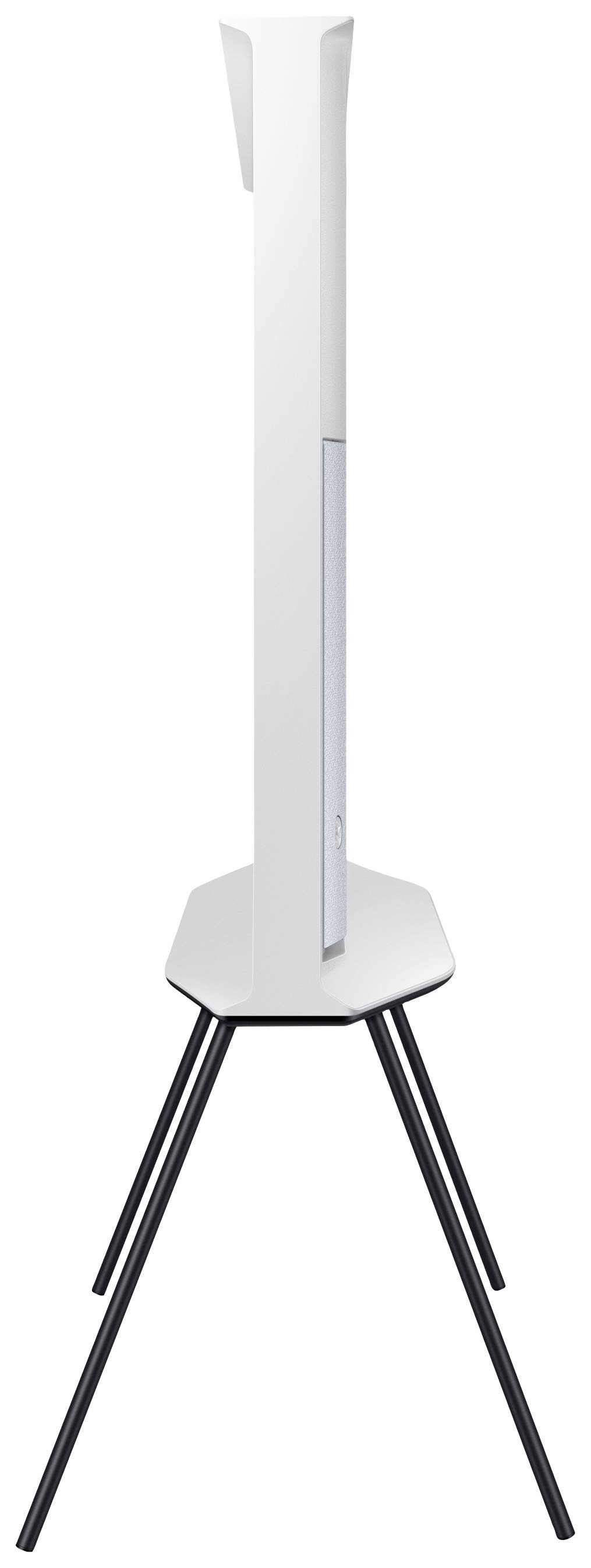 Weißer, schmaler Monitor auf dreibeinigem Ständer, seitlich gezeigt.