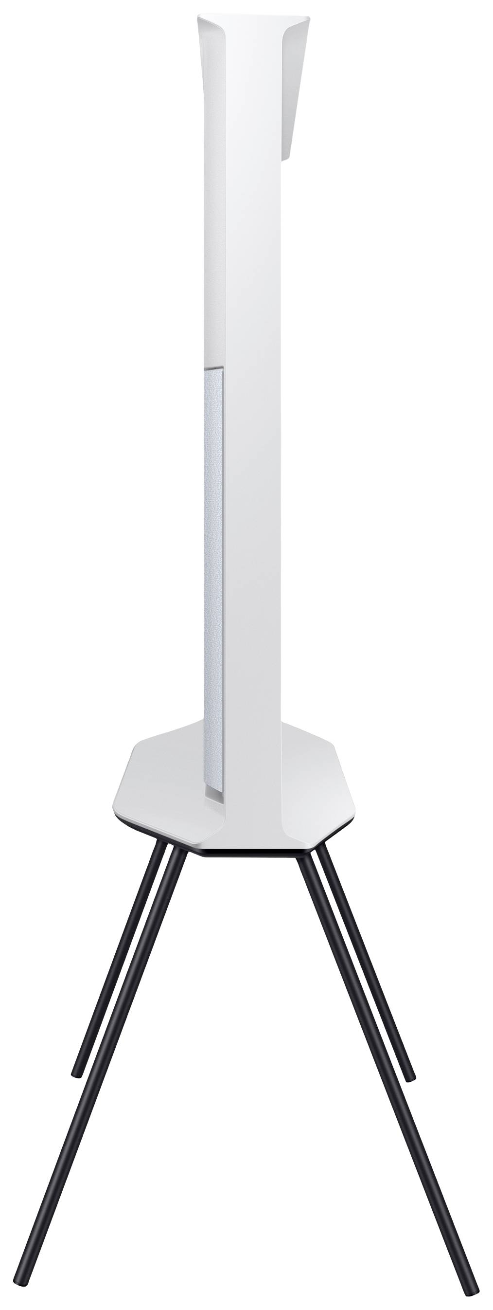 Schlanker, weißer Luftreiniger auf dreibeinigem schwarzen Ständer, seitlich gesehen. Modernes, minimalistisches Design.