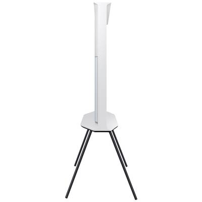 Schlanker, weißer Luftreiniger auf dreibeinigem schwarzen Ständer, seitlich gesehen. Modernes, minimalistisches Design.