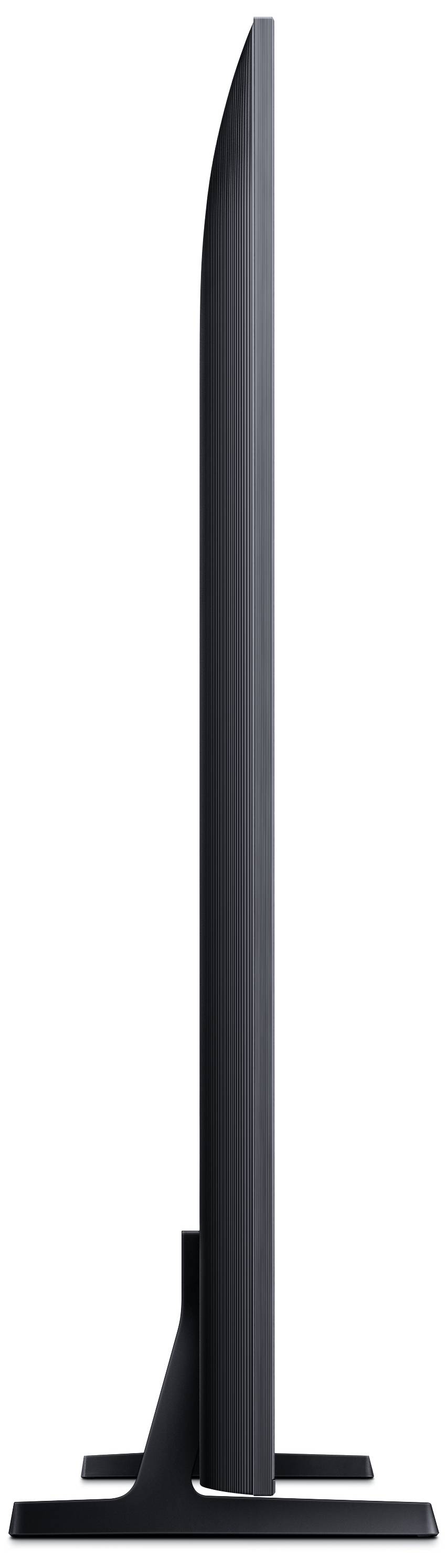 Seitenansicht eines ultraflachen Fernsehers auf einem schwarzen Standfuß, der das schlanke Design und die dünne Bauweise zeigt.