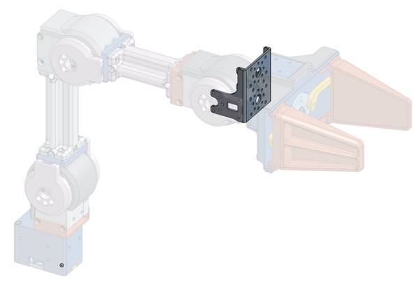 Ein technisches Diagramm eines Roboterarms mit mehreren Gelenken und Anbauteilen, das die Bewegung und Mechanik veranschaulicht.