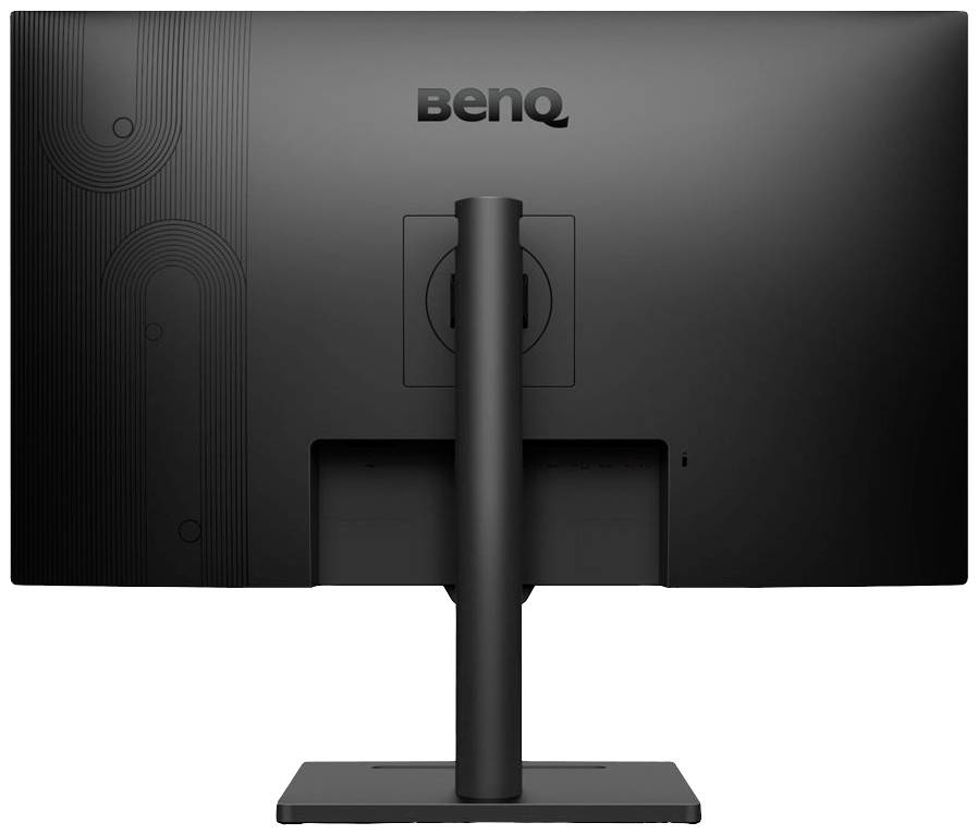 Ein schwarzer Computermonitor von hinten gesehen, Marke 'BenQ', mit einem stabilen Standfuß. Das Design ist schlicht und modern.