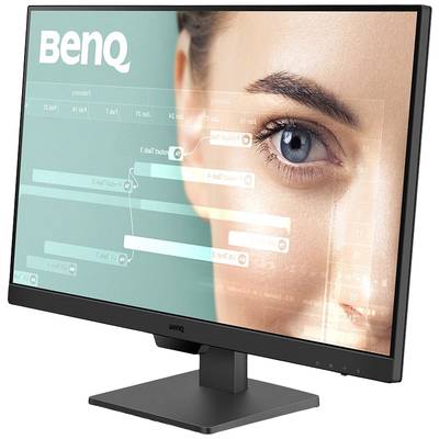 Ein BenQ-Monitor zeigt eine Grafik mit einem menschlichen Auge im Hintergrund. Die Benutzeroberfläche enthält Menüs und grafische Elemente.