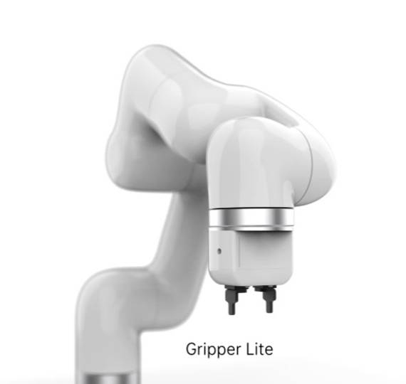 Ein weißer Roboterarm mit einem Greifer am Ende. Der Greifer wird als 'Gripper Lite' bezeichnet. Moderne, glatte Oberflächen.
