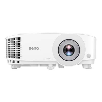 Ein weißer Projektor der Marke BenQ mit sichtbarem Objektiv auf weißem Hintergrund.