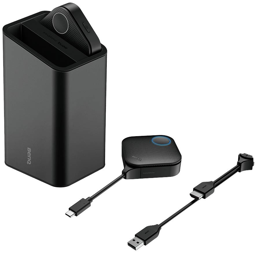 Ein drahtloses Präsentationssystem mit einem rechteckigen Empfänger, einem runden Dongle oben und zwei Verbindungskabeln.