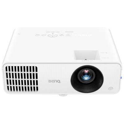 Ein weißer Projektor von BenQ mit sichtbarer Linse und Lüftungsschlitzen, geeignet für Präsentationen und Medieneinstellungen.
