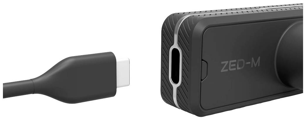 USB-C-Kabel mit Anschluss und Zed-M-Gerät in Nahaufnahme. Links ist das Kabelende, rechts das Gerät mit dem 'ZED-M'-Schriftzug.