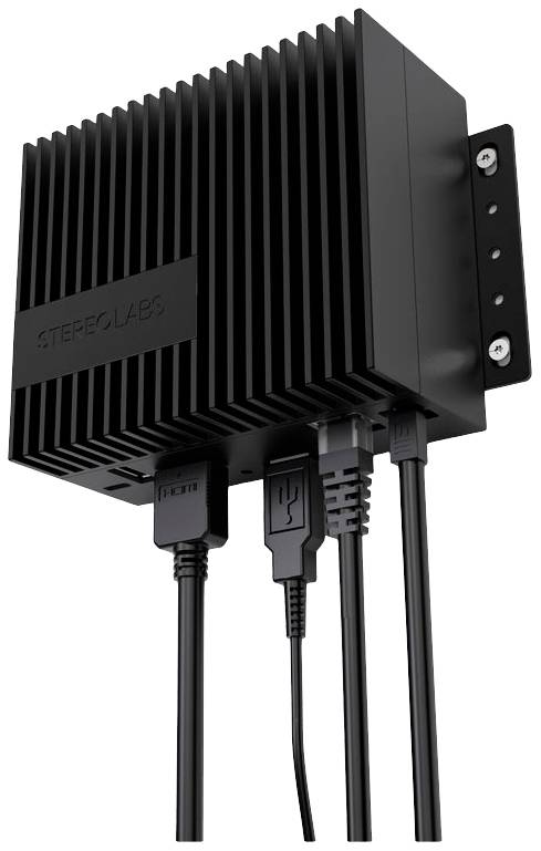 Schwarzes Elektronikgerät mit Kühlrippen, vertikal montiert, Mit Anschlusskabeln.