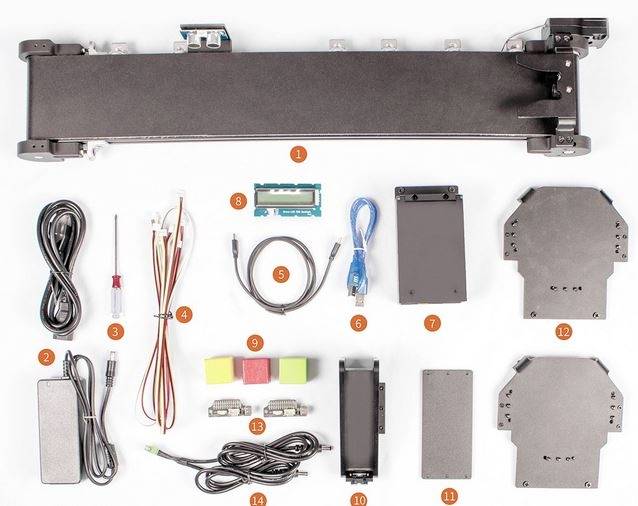 Bausatz mit Elektronik- und Kabelkomponenten: Enthält ein langes schwarzes Gehäuse, Steuerungsplatine, Kabel, Schrauben und Montageplatten.
