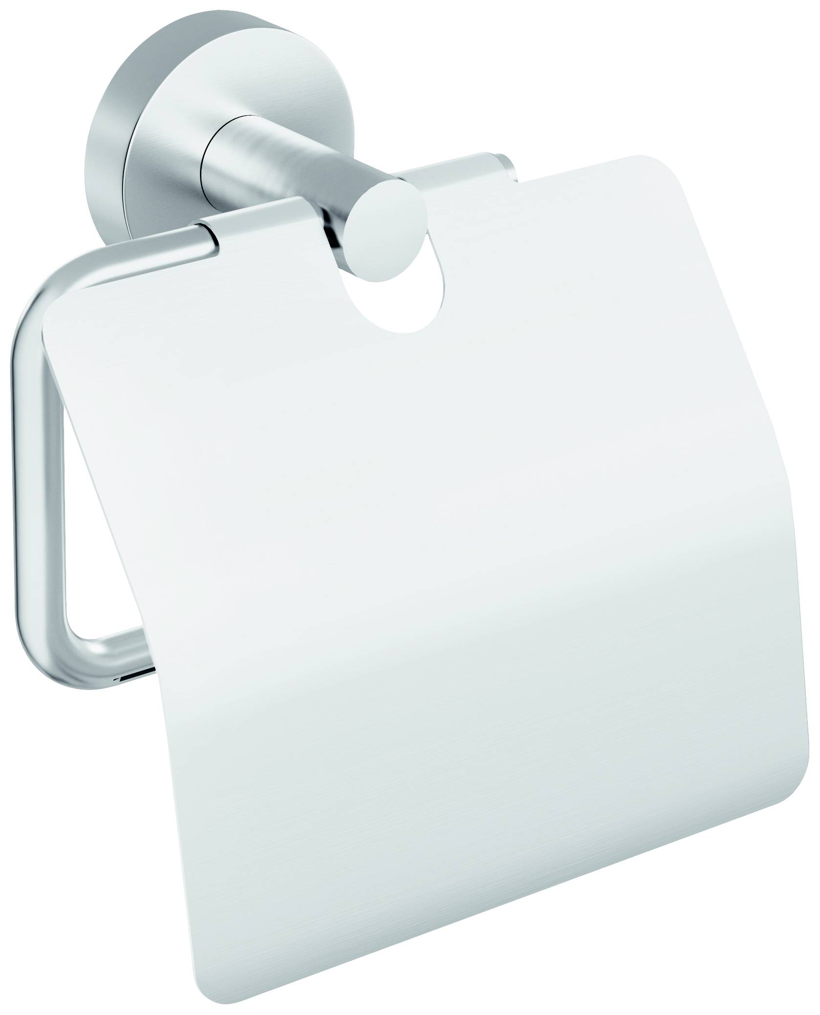 Toilettenpapierhalter aus Edelstahl mit Abdeckung, an der Wand montiert.