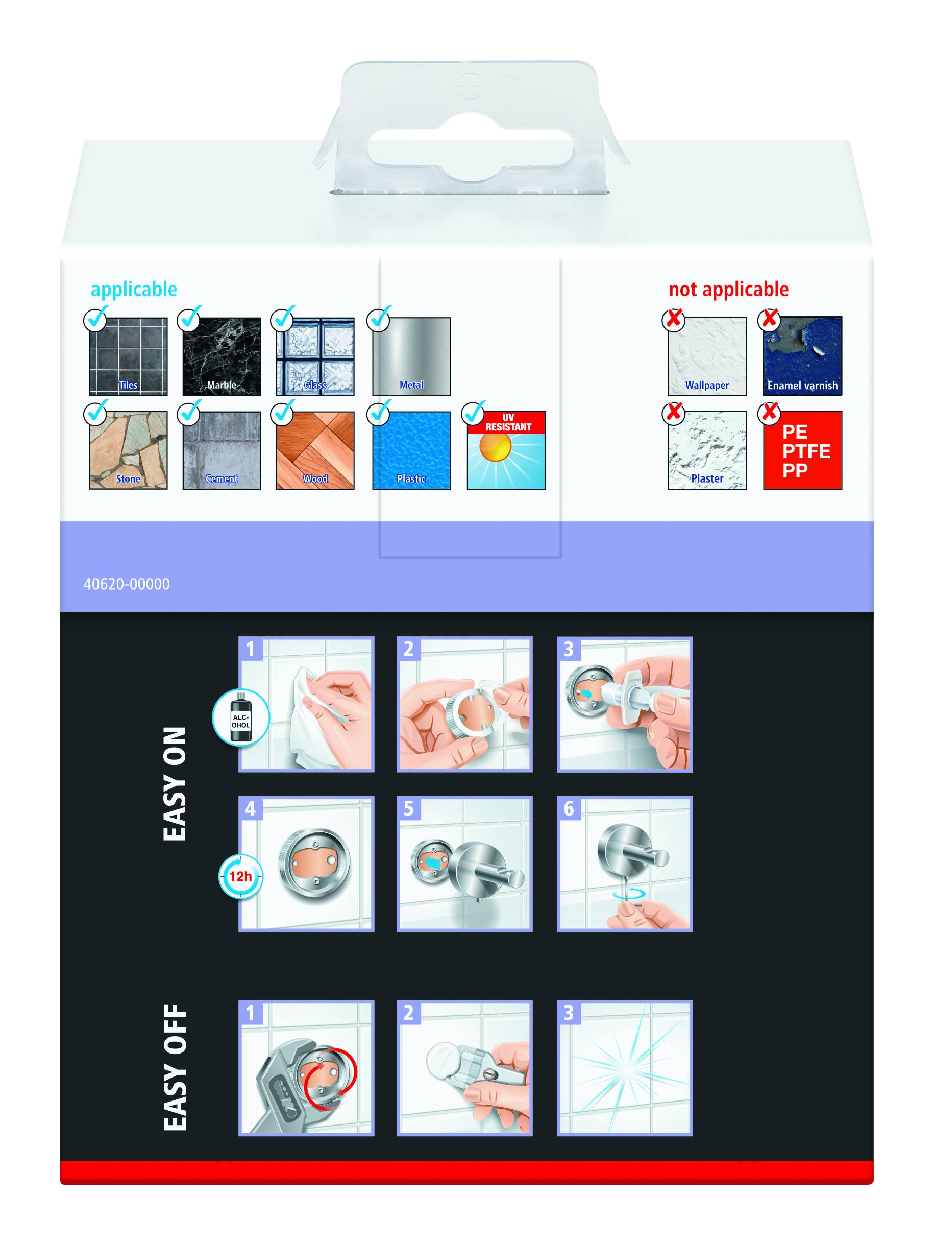 'Produktverpackung mit Anleitungen zur Anwendung. Oben: geeignet für bestimmte Oberflächen, nicht geeignet für PE, PTFE, PP. Unten: Schritt-für-Schritt-Anleitung zum Anbringen und Entfernen.'