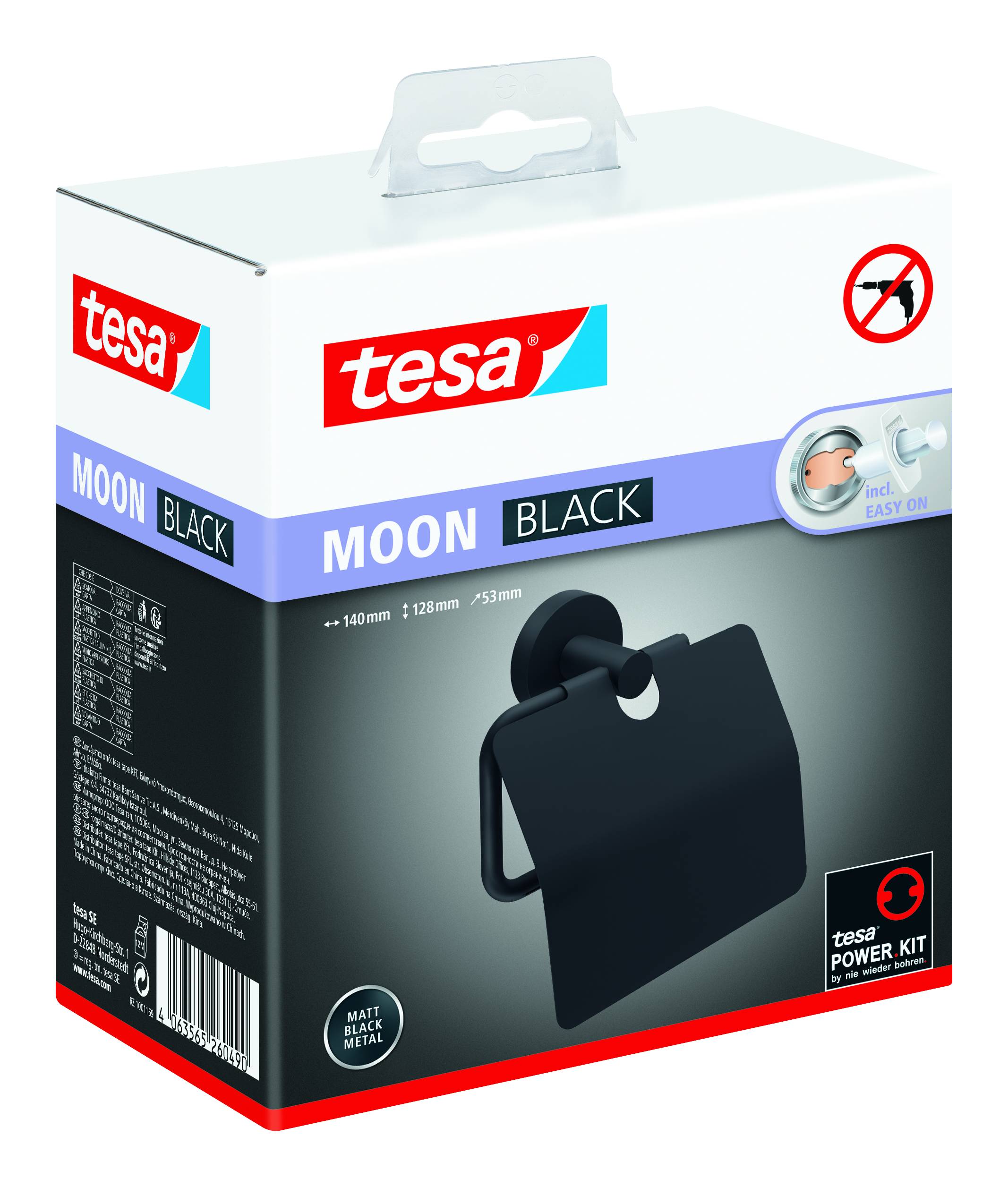 'Verpackung einer tesa MOON BLACK Toilettenpapierhalterung. Enthält ein Montagebild mit dem Hinweis auf einfache Installation ohne Bohren.'