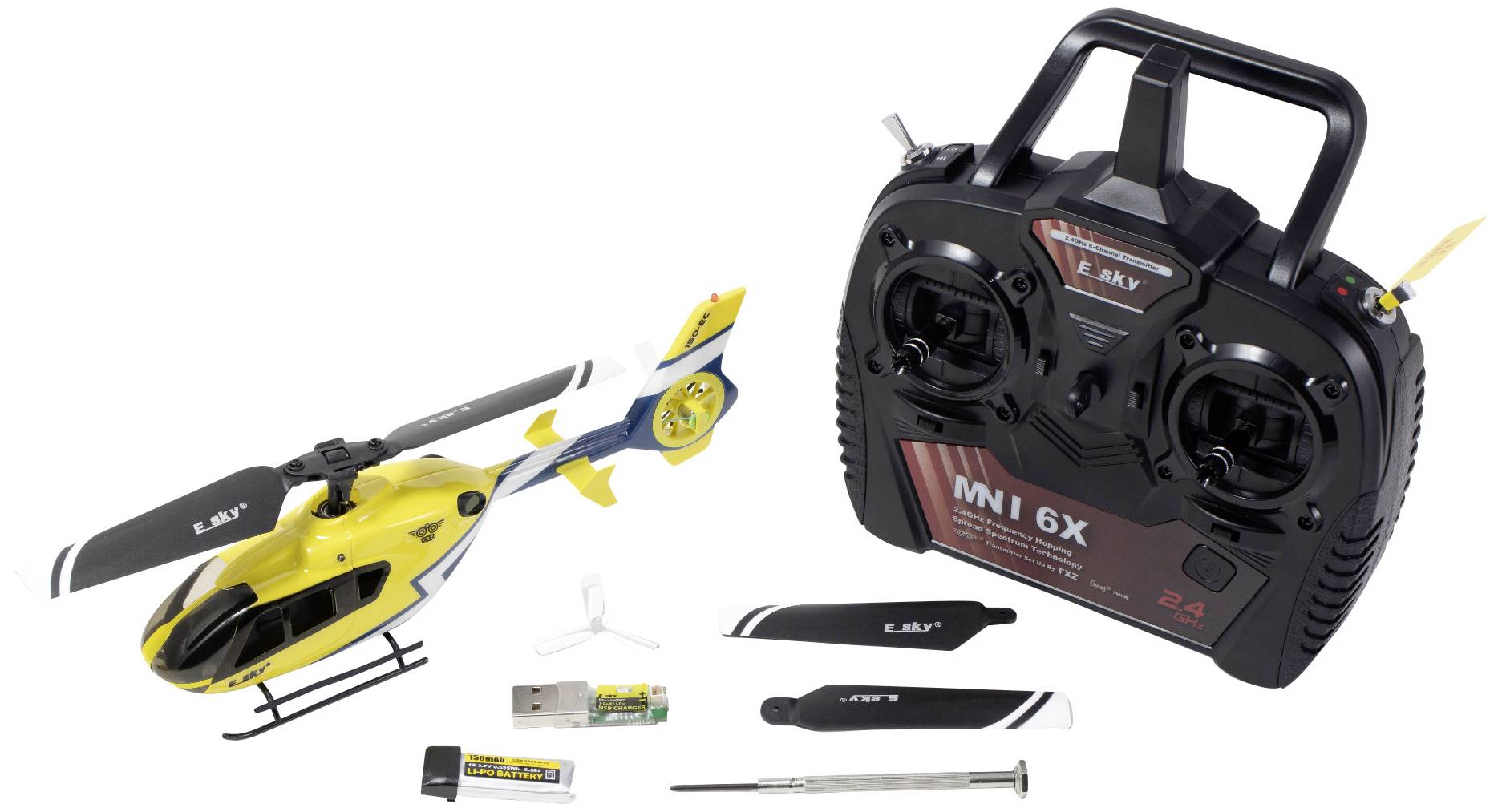 Spielzeug-Hubschrauber-Set mit gelbem Helikopter, Fernbedienung, Ersatzteilen und Batterien.