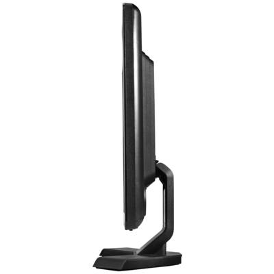 Ein Computermonitor im Seitenprofil, zeigt das schlanke und moderne Design des Bildschirms auf einem rechteckigen Standfuß.
