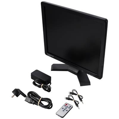 Ein schwarzer Monitor mit Standfuß, Netzteil, Fernbedienung und zwei Audiokabeln. Der Monitor ist ausgeschaltet.