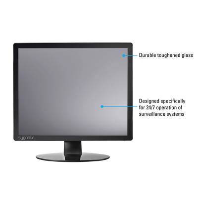 Ein schwarzer Monitor mit mattem Bildschirm. Textbeschriftungen: 'Durable toughened glass' und 'Designed specifically for 24/7 operation of surveillance systems'.