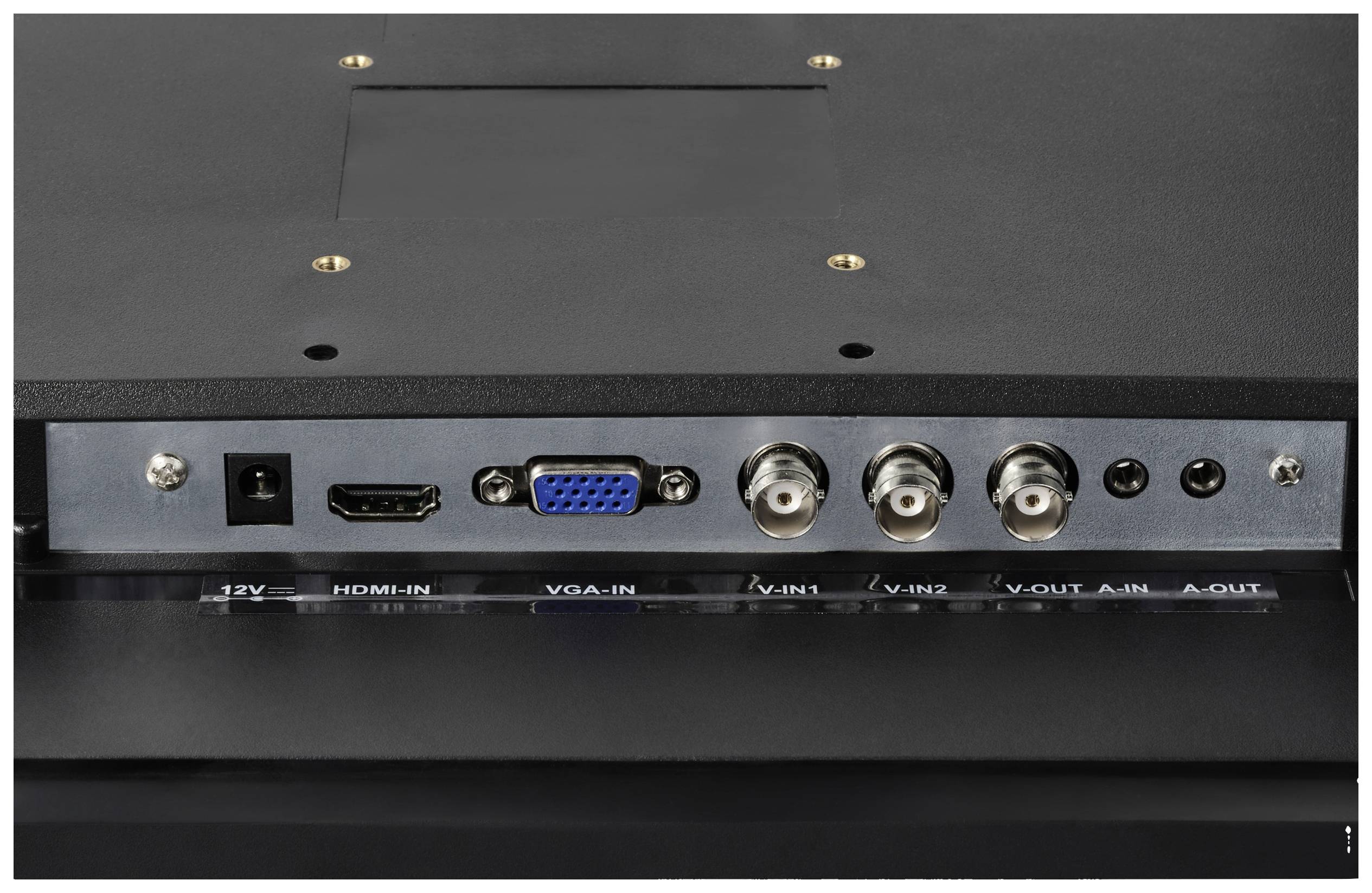 'Rückseite eines elektronischen Geräts mit Anschlüssen: Strom, HDMI, VGA, koaxial. Beschriftungen für Ein- und Ausgänge sichtbar.'