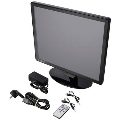 Ein schwarzer Computerbildschirm mit Zubehör: Stromkabel, Adapter, Fernbedienung und zwei Audiokabel, auf einer weißen Fläche.