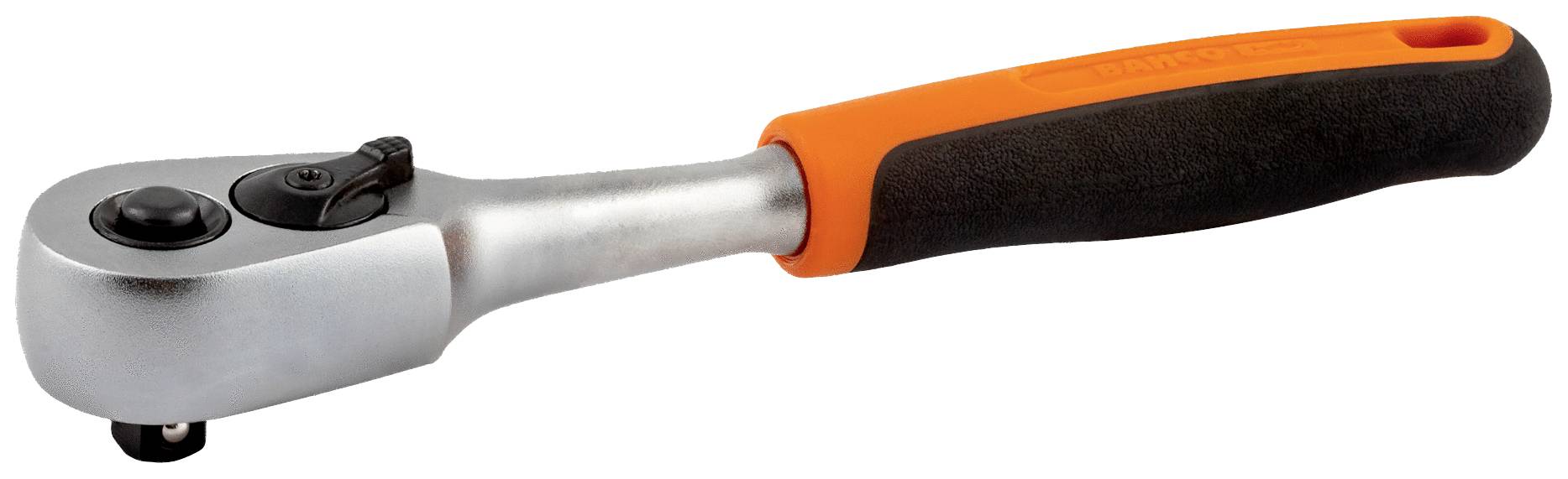 Eine Ratsche mit orange-schwarzem Griff und verstellbarem Kopf, verwendet zum Anziehen oder Lösen von Schrauben und Muttern.