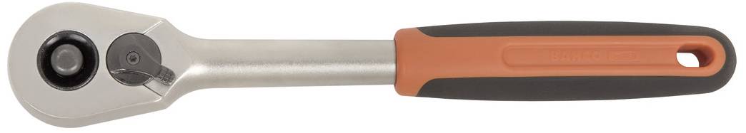 Eine silberne Knarre mit ergonomischem, orangem Griff, verwendet für das Befestigen und Lösen von Schrauben und Muttern.