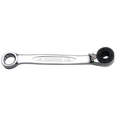 Ein verstellbarer Schraubenschlüssel mit rundem Kopf und 'Bahco 1/4' Gravur. Metallische Oberfläche, geeignet für präzises Arbeiten.