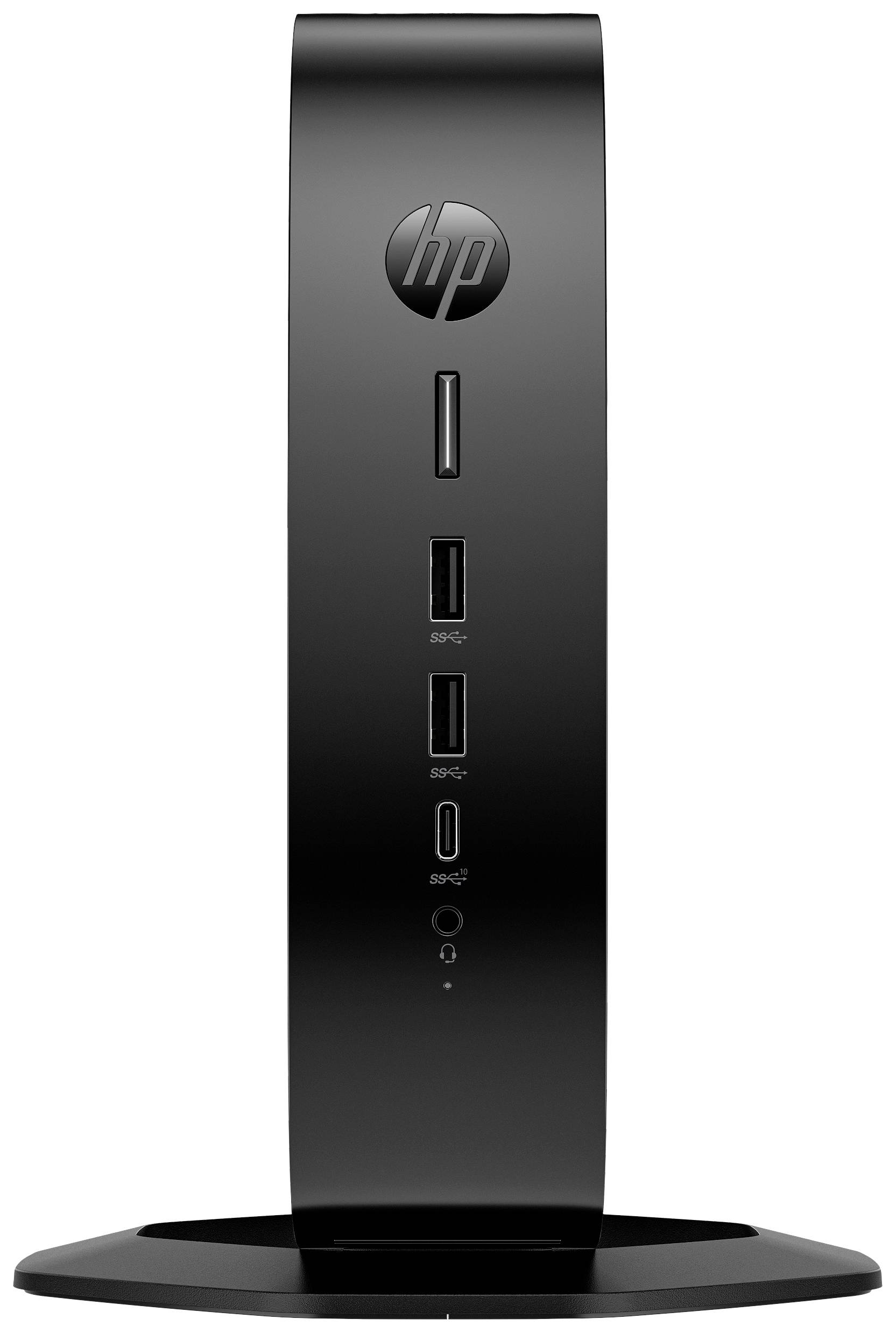 Schwarzer vertikaler Computer-/Gerätetower mit mehreren USB-Anschlüssen auf der Vorderseite und einem runden Standfuß.