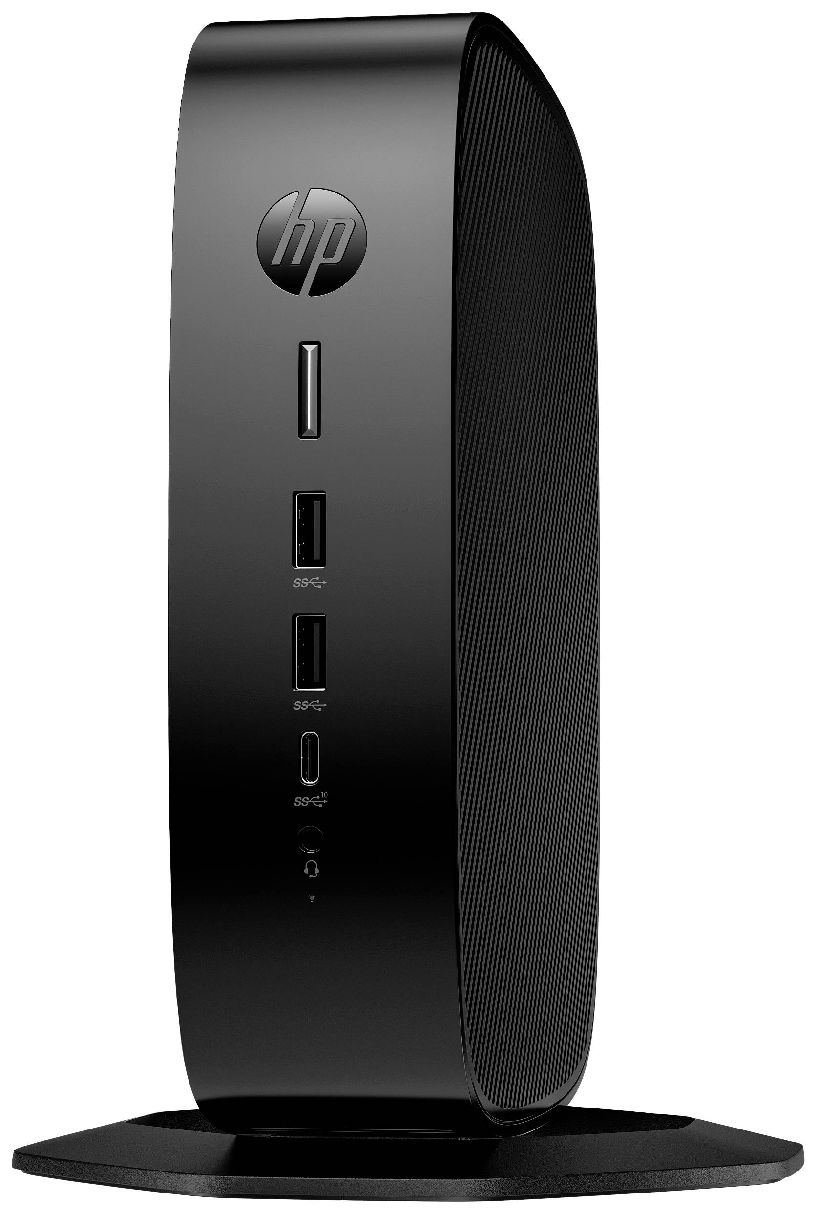 Schlanker, schwarzer Thin Client von HP mit mehreren USB-Anschlüssen auf der Vorderseite, stehend auf einer runden Basis.