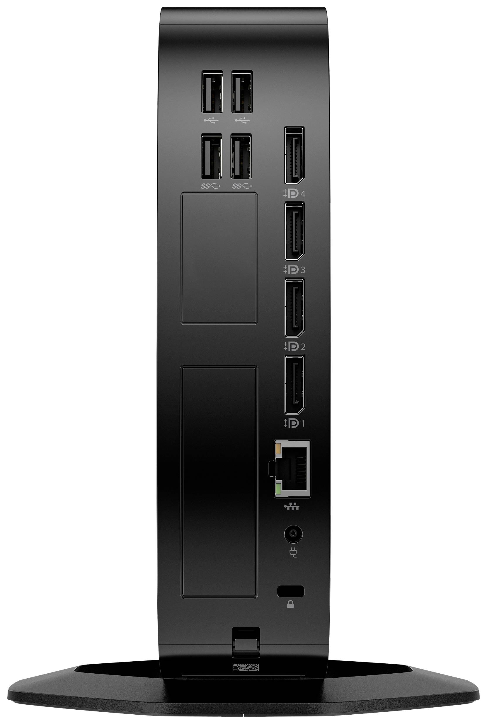Ein schwarzer elektronischer Turm mit mehreren USB-Anschlüssen und HDMI-Ports an der Seite. Unten befindet sich ein Netzwerkanschluss.