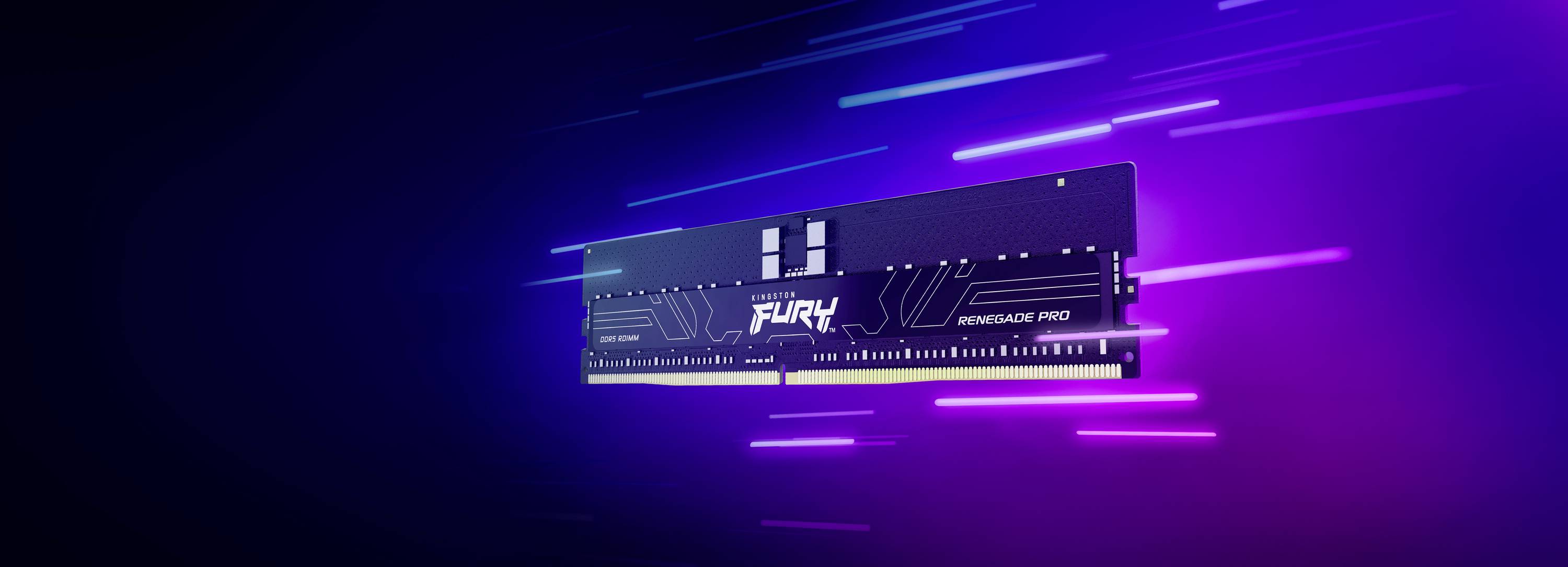 'RAM Modul mit Aufschrift Fury Renegade Pro' auf leuchtendem lila und blauem Hintergrund. Linien zeigen Geschwindigkeit und Bewegung an.