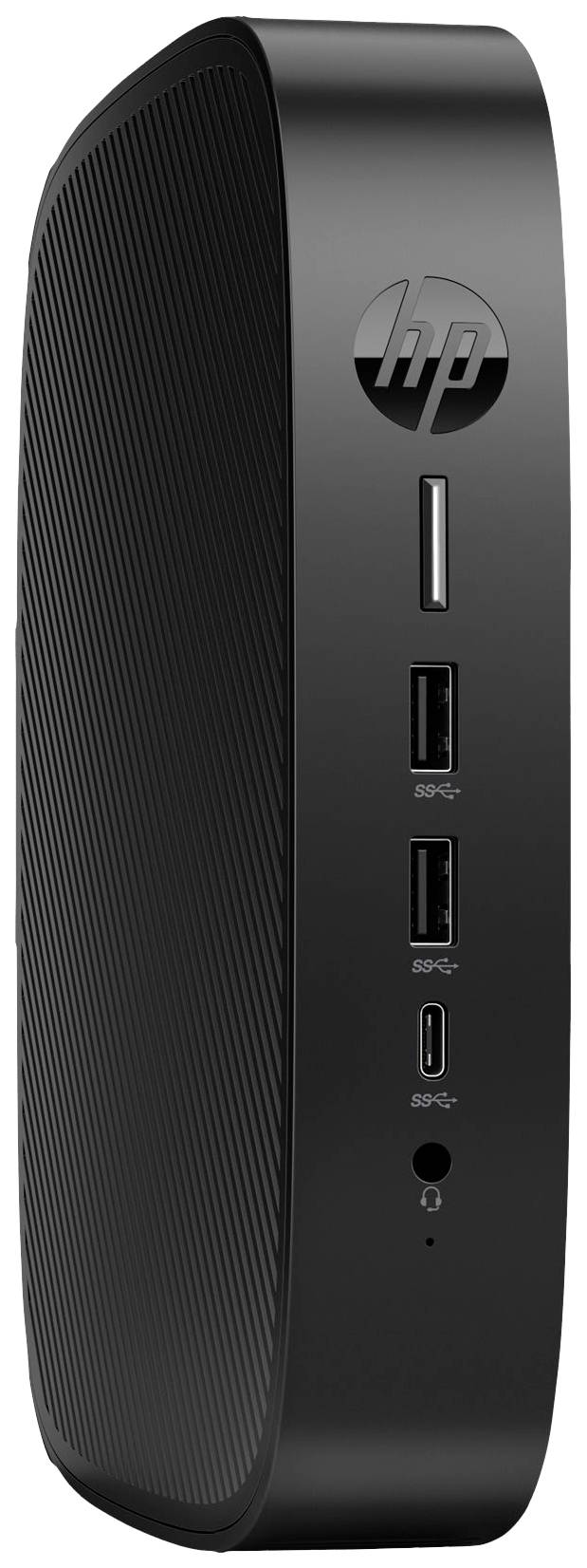 Ein schwarzer Mini-PC mit vertikalem Design, USB-Anschlüssen und dem HP-Logo oben.