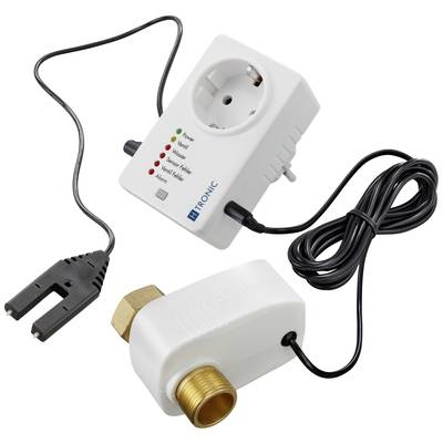 Ein Wasserleck-Detektor bestehend aus einem Sensor mit zwei Metallkontakten, einem Steuergerät mit Steckdose und LED-Anzeigen zur Statusanzeige.