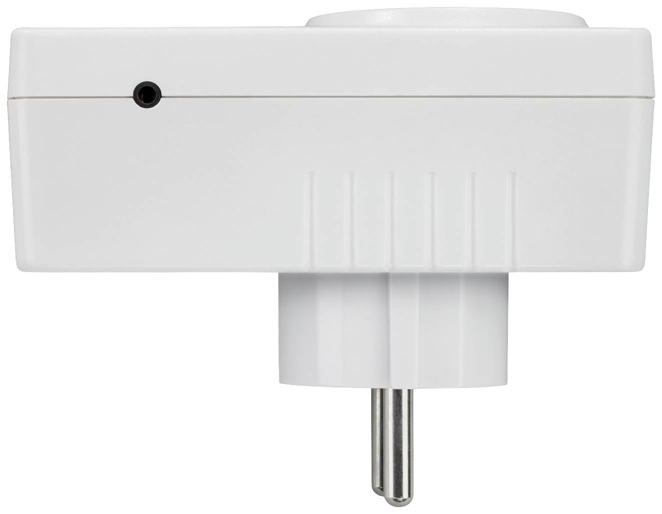 Ein weißes elektrisches Steckdosenadaptergerät mit seitlichem Anschlussstift. Entworfen für die Wandmontage in Haushalten.