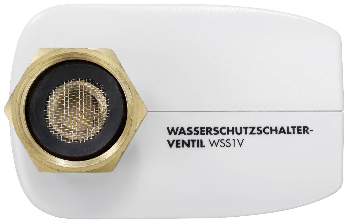 Weißes Wasserschutzschalter-Ventil mit bronzefarbener Kappe und Sieb. Beschriftung: 'Wasserschutzschalter-Ventil WSS1V'.