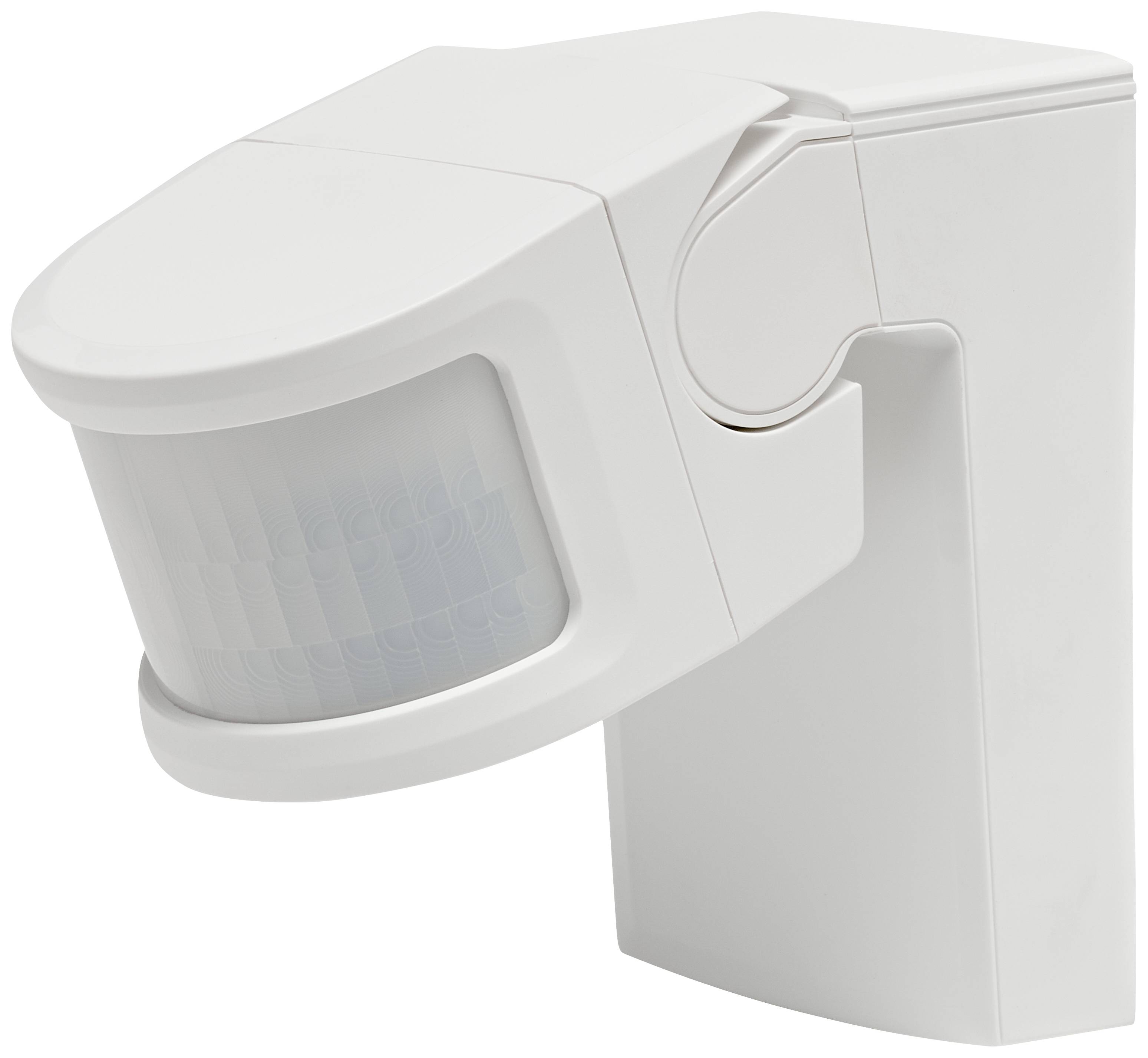 Ein weißer Bewegungssensor mit rechteckiger Form und gebogener Front, montierbar an einer Wand. Ideal für Sicherheits- und Beleuchtungssysteme.