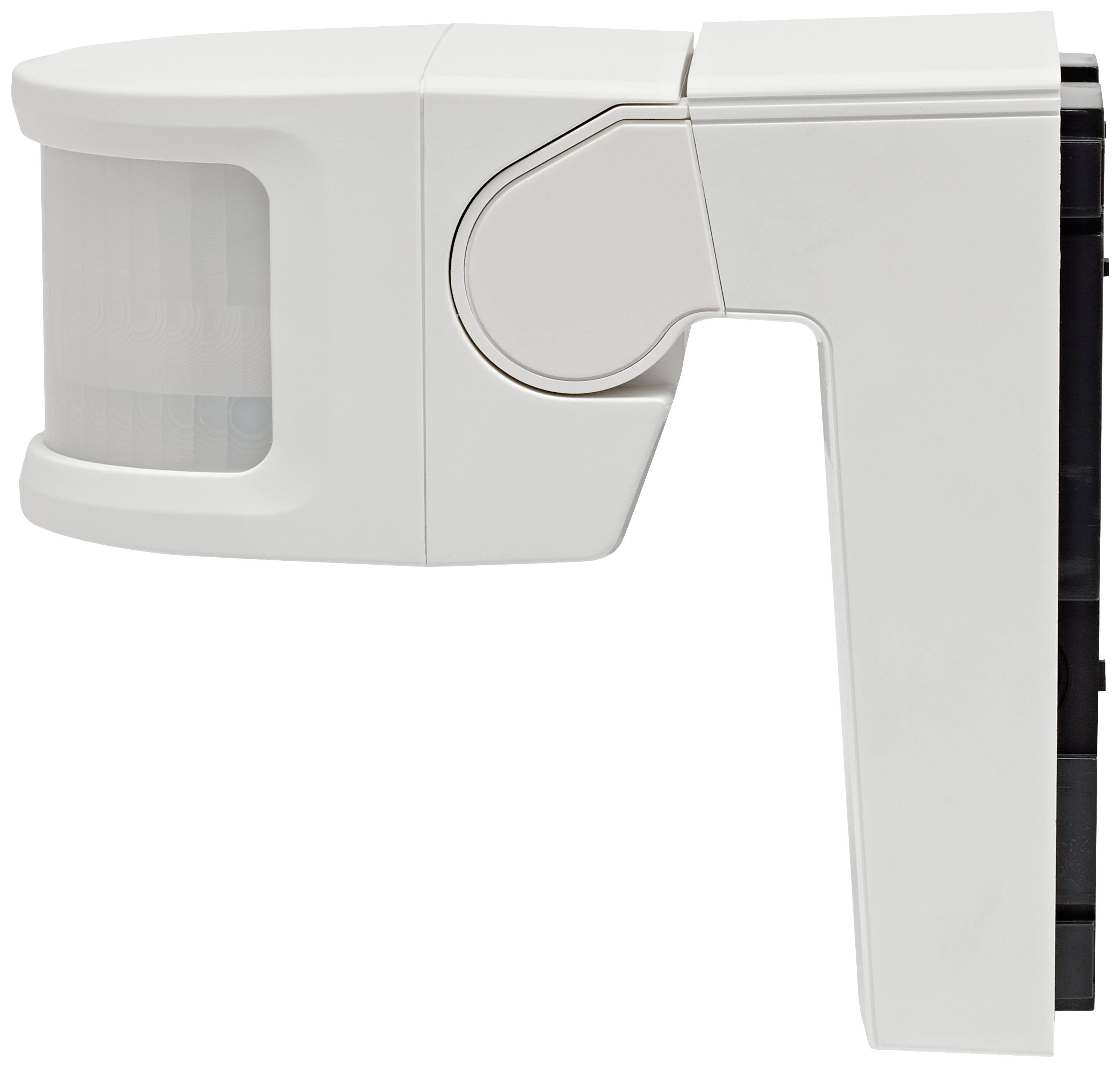 Bewegungsmelder an einer Wand montiert, mit einem weißen, gerundeten Design und sensorischem Element auf der linken Seite.