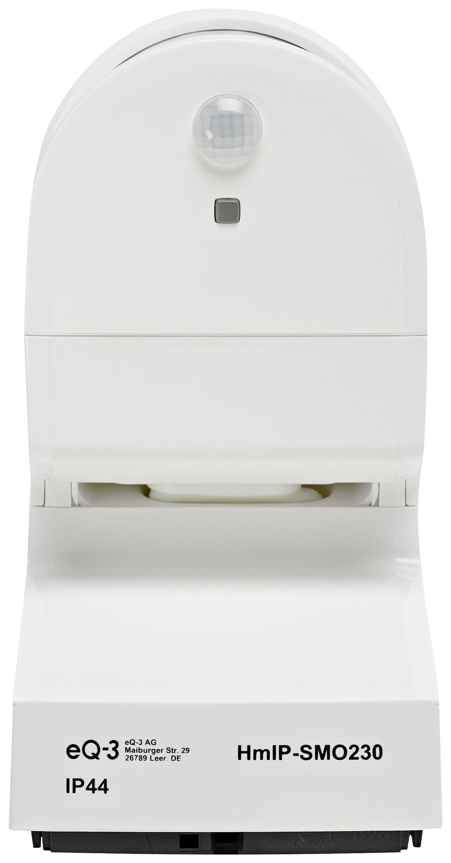 'Bewegungsmelder HmIP-SMO230 von eQ-3, IP44, weißes Gehäuse mit Sensor auf der Oberseite.'