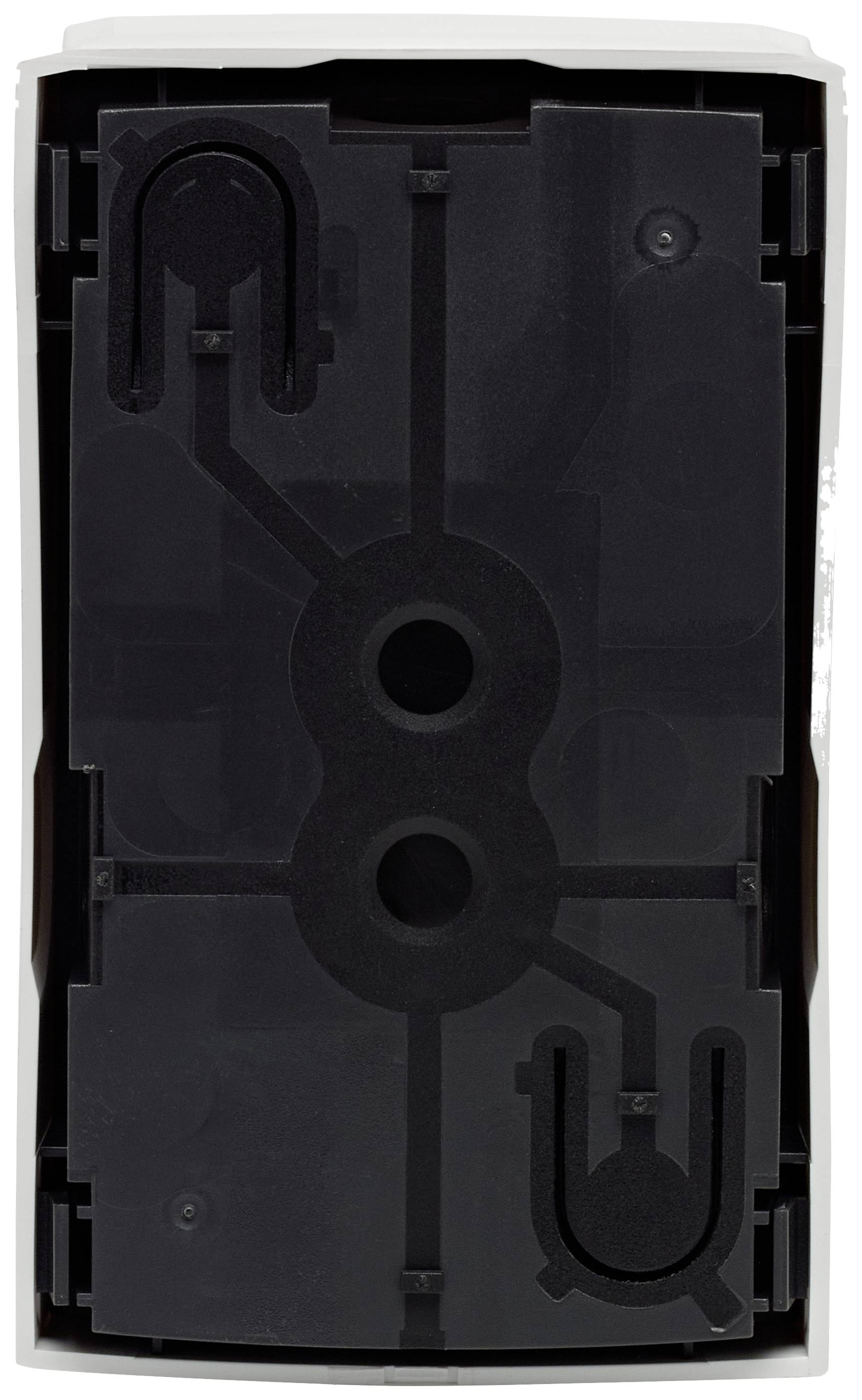 Ein schwarzes, rechteckiges Kunststoffgehäuse mit zwei zentralen Aussparungen und symmetrischen Rillen, Vorderansicht.