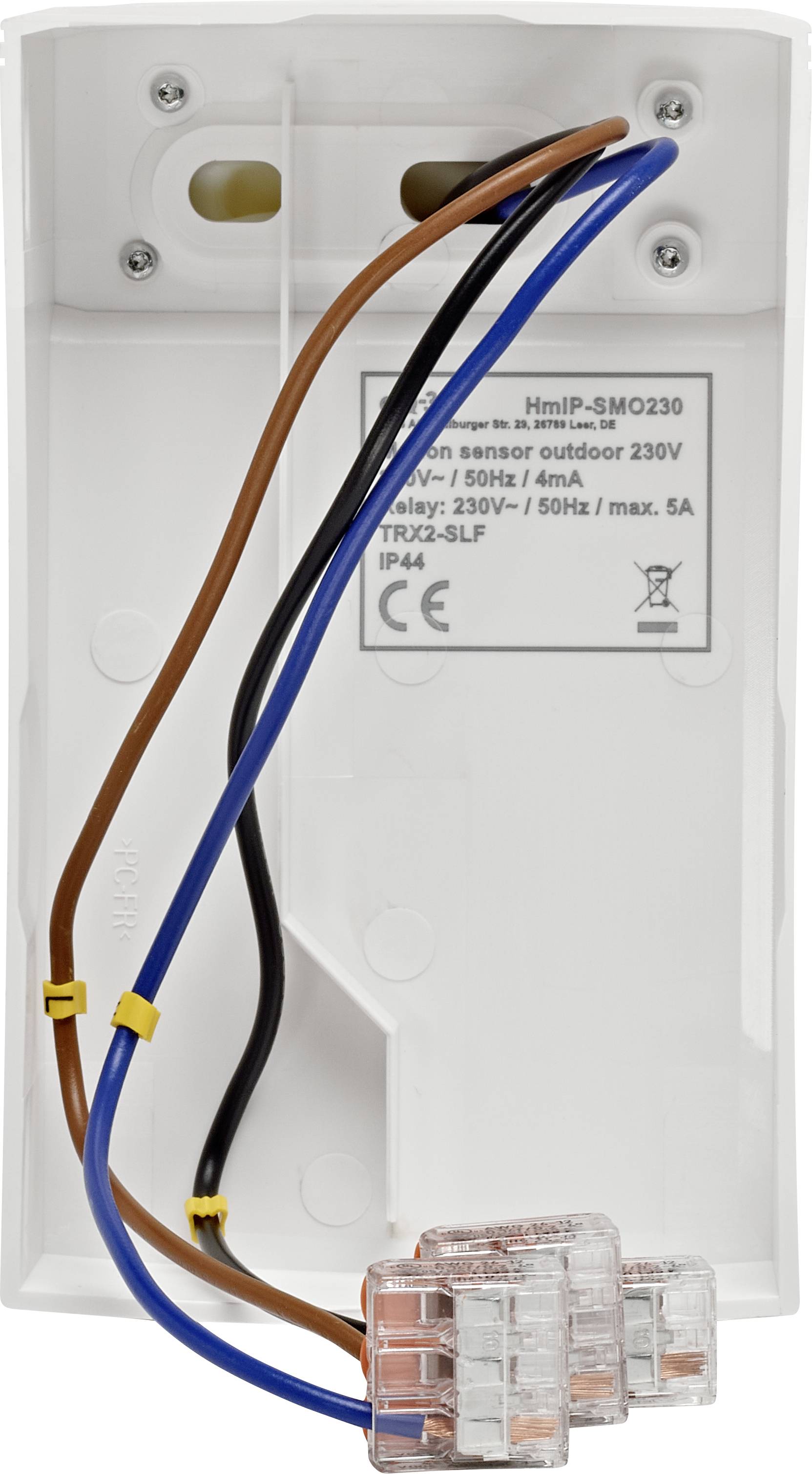 Ein elektrisches Bauteil mit Kabeln in Braun, Blau und Schwarz. Aufdruck: '230V, 50Hz, max. 5A, IP44', für Außenanwendungen.