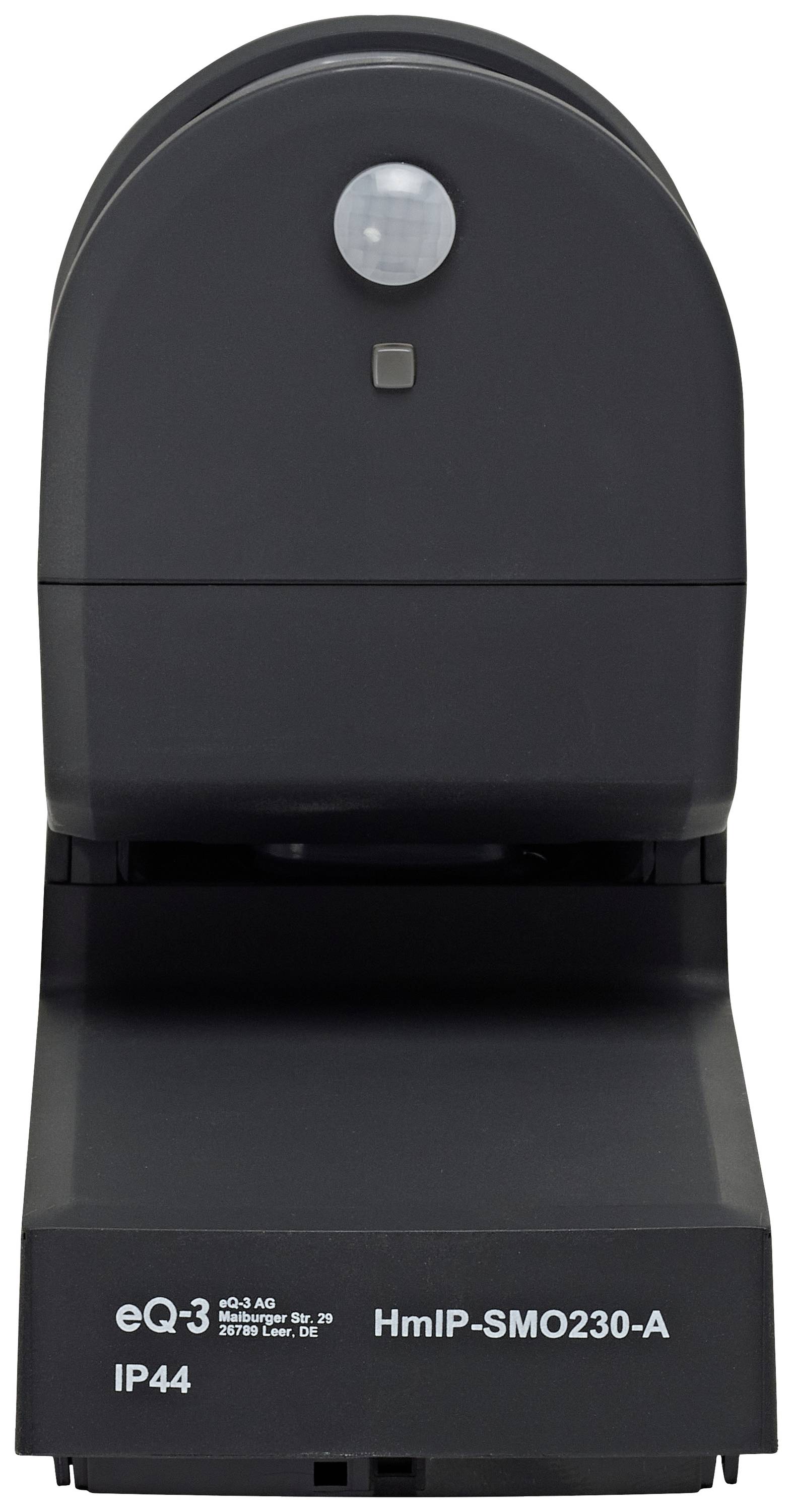 Ein schwarzer Bewegungsmelder von eQ-3, Modell HmIP-SMO230-A, mit einer kleinen Sensorlinse oben und IP44-Schutzklasse.