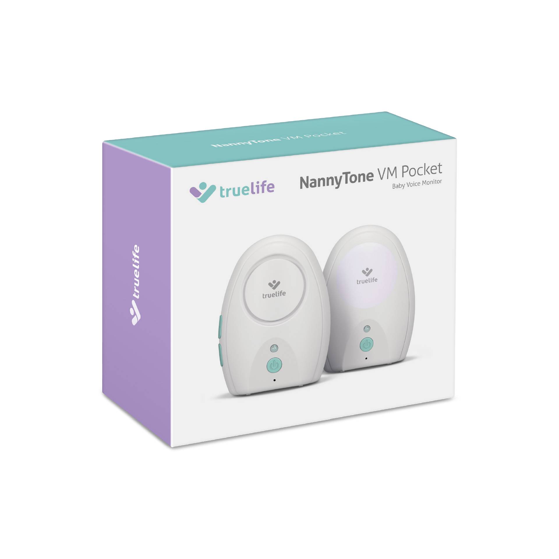 Zwei Babyphone-Geräte auf einer Produktverpackung mit der Aufschrift 'trueLife NannyTone VM Pocket Baby Voice Monitor'.
