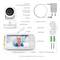 'Babyphone-Set mit Kamera, Display, und Adapter. Zeigt Baby auf Bildschirm. Beschriftungen erklären Funktionen und Zubehör.'