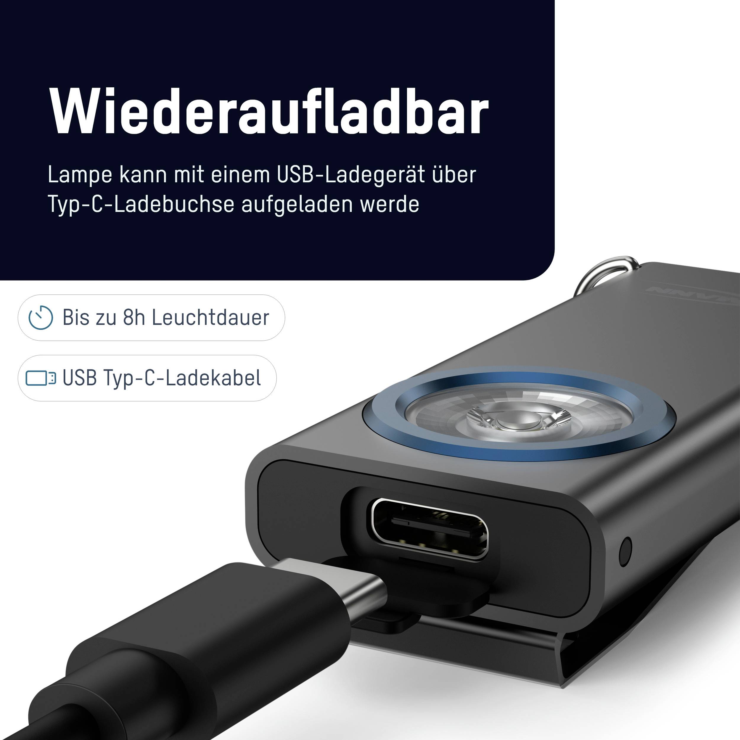 Ein tragbares, wiederaufladbares LED-Lichtgerät mit USB Typ-C-Anschluss. Bietet bis zu 8 Stunden Leuchtdauer, modernes Design.