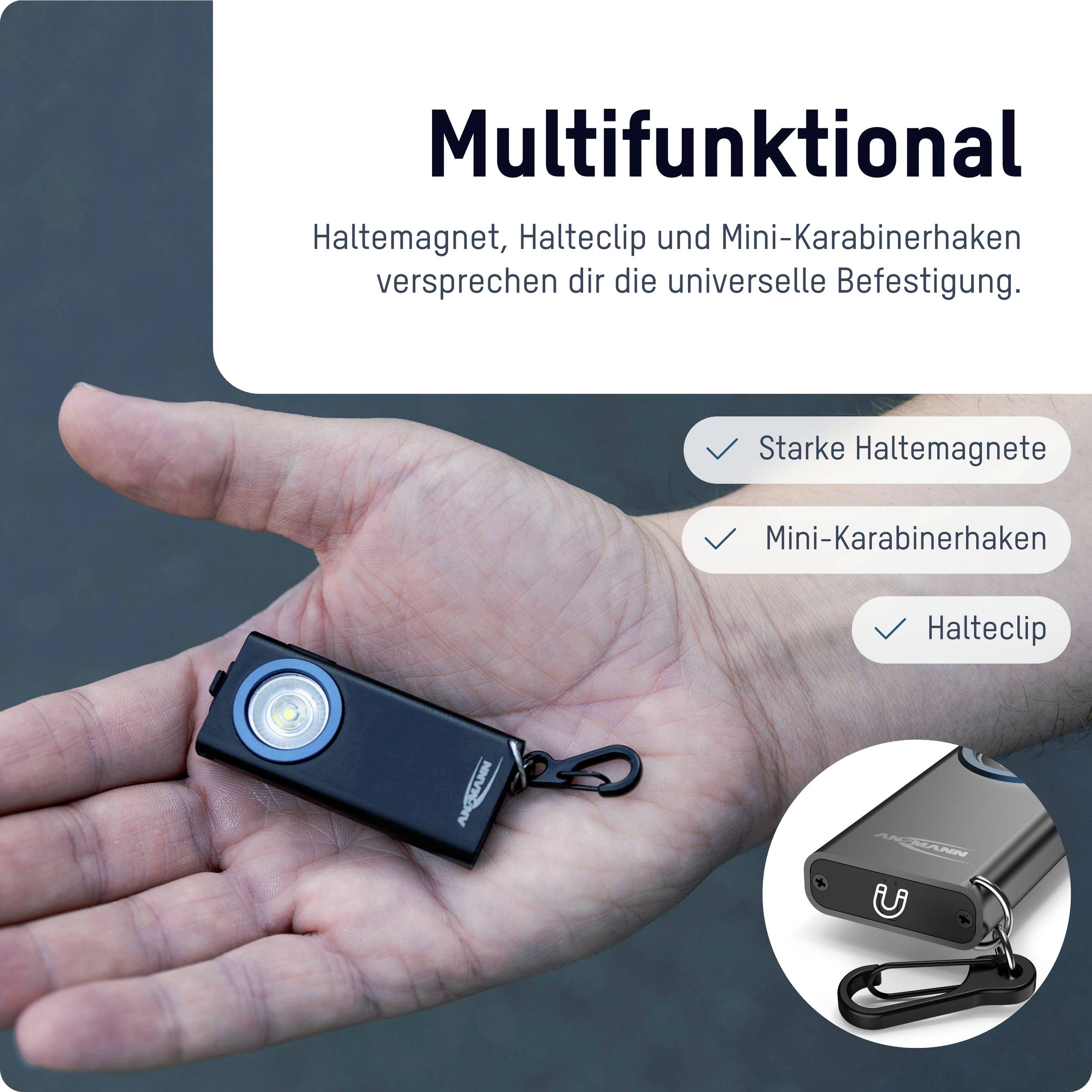 Multifunktionaler Schlüsselanhänger in Hand, mit LED-Licht. Inset zeigt Halteclip und Mini-Karabinerhaken, bietet vielseitige Befestigung.