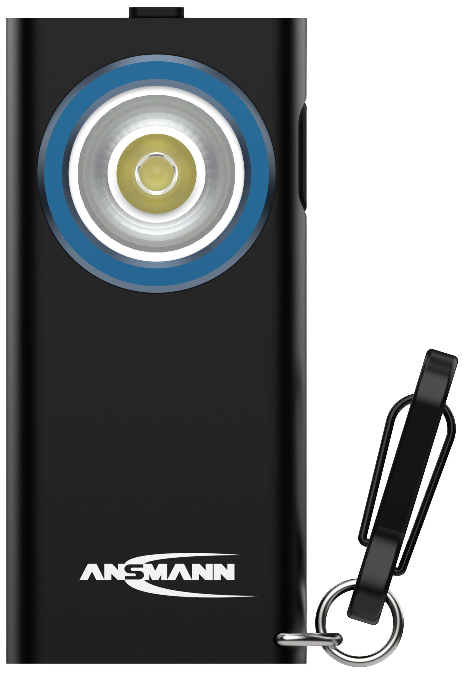 Schwarze, rechteckige Taschenlampe mit blauem Ring um die Linse; hat einen Schlüsselanhänger und trägt den Schriftzug 'Ansmann'.
